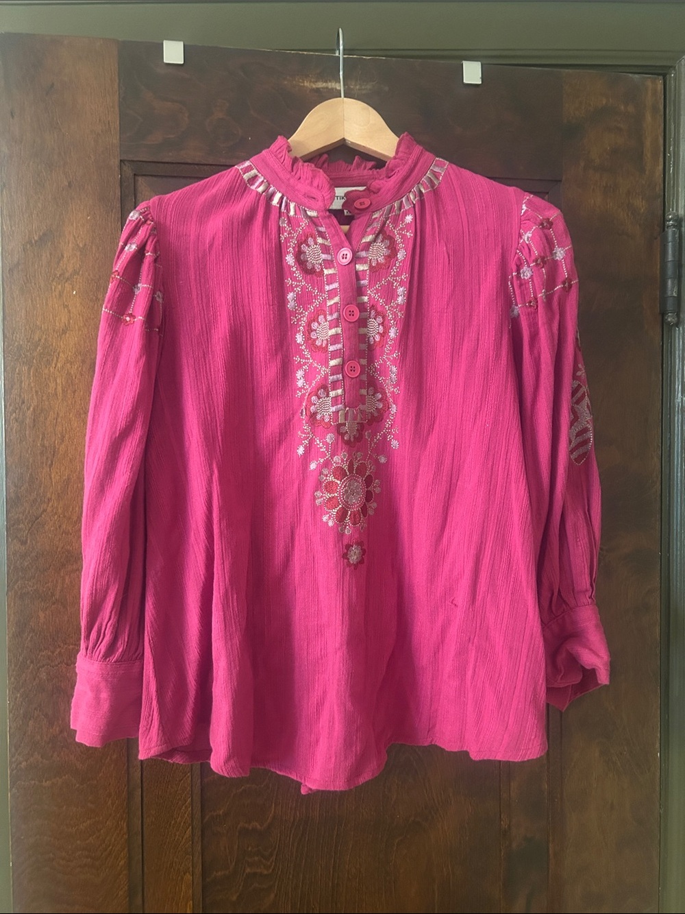 Womens Fuchsia Embroidered Peasant Blouse